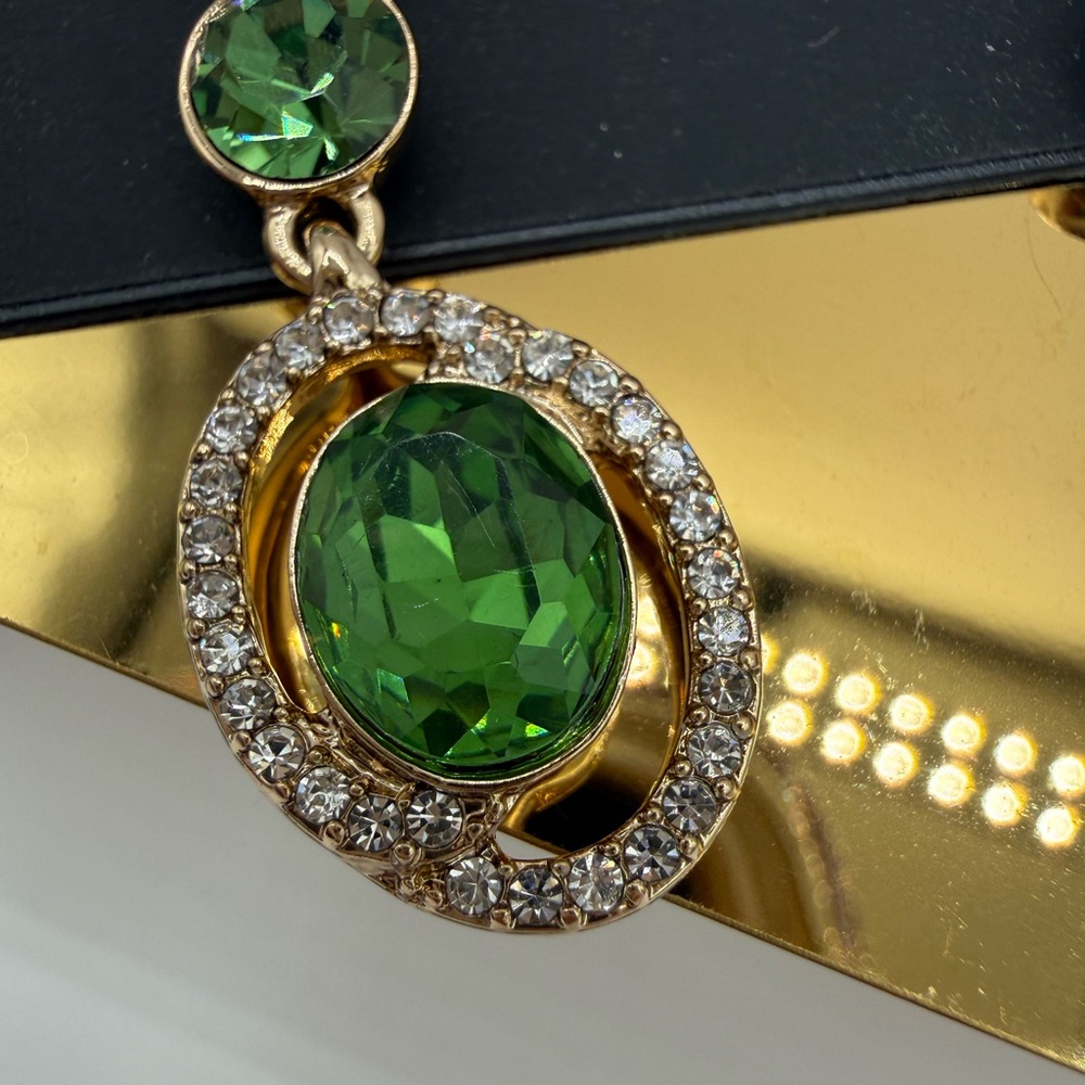 Givenchy Statement Drop Gold Tone With Green And Clear Crystals Earrings - Picture 7 of 15